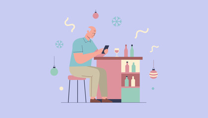 Senior man uses phone at home bar during a holiday party Flat vector illustration for modern lifestyle