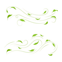 Green leaves float in air. Symbol of freshness. Spring decorative element for seasonal and natural designs.