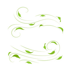 Tea leaves swirl in the stream. Symbol of freshness. Green leaves float in air. Spring decorative element for seasonal and natural designs.