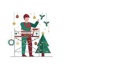 Professional maintenance worker decorating public space for Christmas celebrations