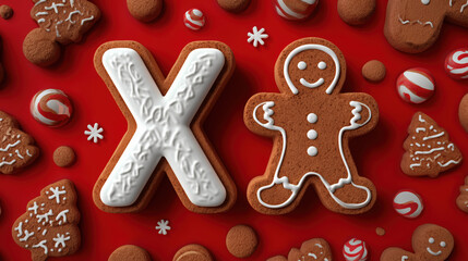 X for Xmas, Christmas word, letters, made of gingerbread man cookies for Christmas theme holiday party celebration