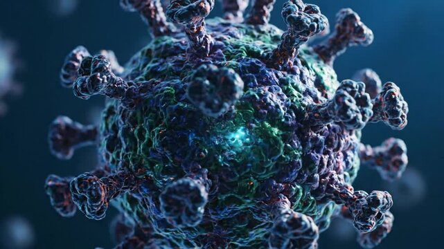 A detailed 3D rendering of a coronavirus particle, highlighting its distinctive surface spike proteins.