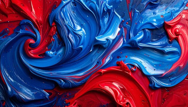 Vivid swirls of blue and red paint blend, creating an abstract and textured surface filled with dynamic movement