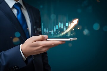 Investment and finance concept, businessman holding phone virtual trading graph. stock market, profits and business growth. Businessman showing a growing virtual hologram stock