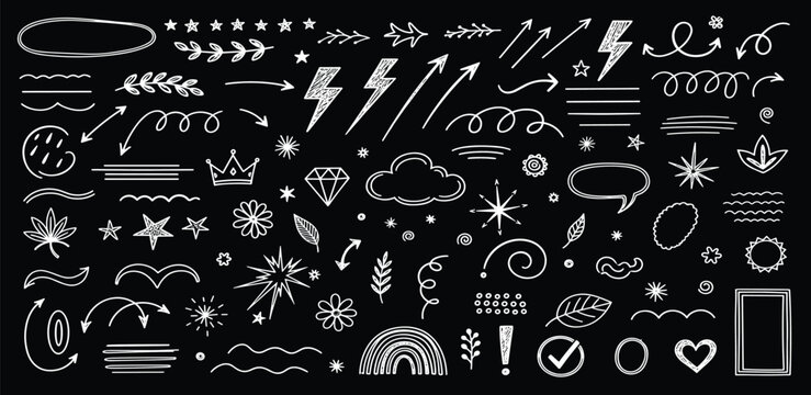 Collection of hand-drawn doodle elements and icons for creative design, including stars, arrows, and abstract shapes on a black background