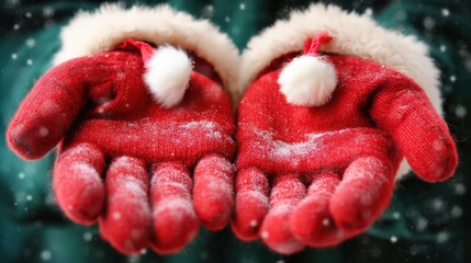 Cozy red mittens cradling delicate snowflakes in winter wonderland capturing the essence of holiday warmth and joy reflecting festive spirit and seasonal cheer captured with clarity