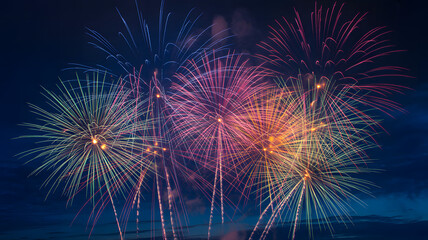 Brilliant vibrant fireworks bursting in colorful display at dusk