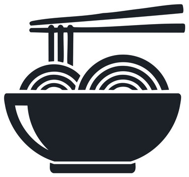 Simple icon of a ramen noodle bowl with chopsticks. Asian food vector silhouette for a restaurant logo.