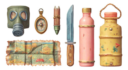 Apocalyptic Survival Gear with Map, Compass, Water Bottle, and Knife Elements
