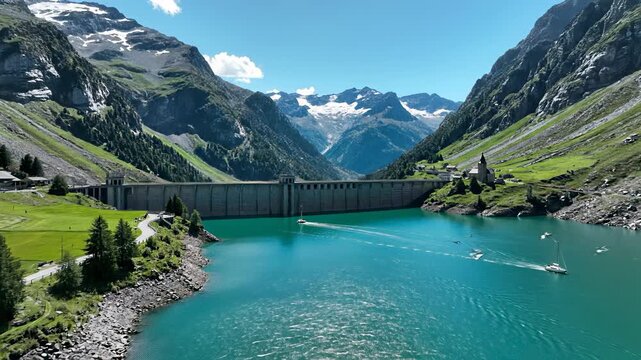 Mountainous riverbank scenery unfolds with serene boat gliding down winding waterway surrounded by lush vegetation and majestic peaks perfectly capturing concept of relaxation and tranquility.