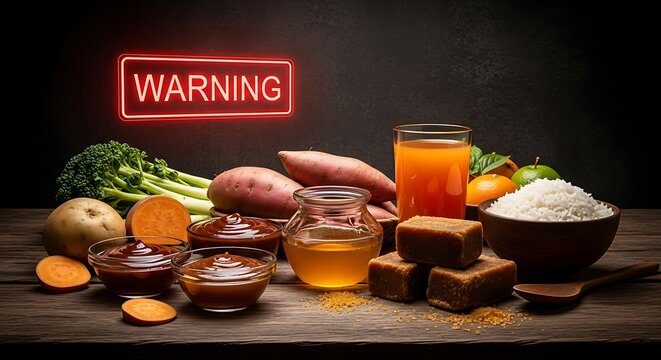 Warning sign illuminates vibrant selection of healthy foods including sweet potatoes, broccoli, oranges, and rice signaling dietary choices