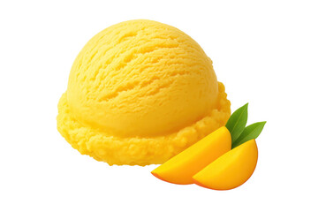 Mango ice cream scoop with fruit slices transparent background