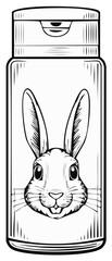 Black and white rabbit illustration on bottle with cap design