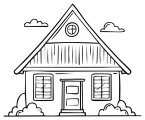 Black and white hand-drawn cartoon illustration of a house with clouds.