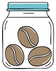 Three Coffee Beans Inside Glass Jar with Blue Lid, Simple Vector Illustration