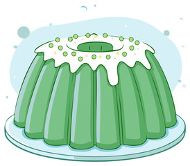 Green gelatin dessert with white frosting and sprinkles on a light blue plate illustration