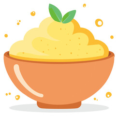 Cartoon illustration of a yellow food served in an orange bowl with green leaves