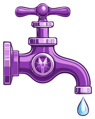Ornate purple water faucet dripping a single drop of water. Cartoon vector illustration of a tap.