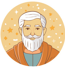 Cartoon Man with Beard and Stars, Illustration in Circle, Robe