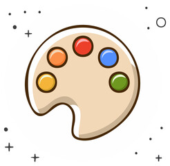 Cartoon art palette with colorful paint drops illustration isolated on white background