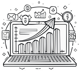 Business growth and financial data analysis on laptop screen, technology and finance concept with various digital icons.