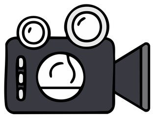 Cartoon retro film camera icon with lens and view finder for movies