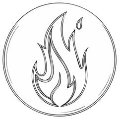Stylized flame inside a circular outline symbol for heat passion or energy in black and white line art