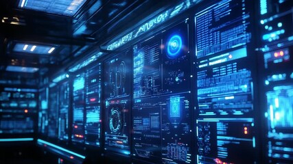 Futuristic control room showing digital data screens and ai processing - Powered by Adobe