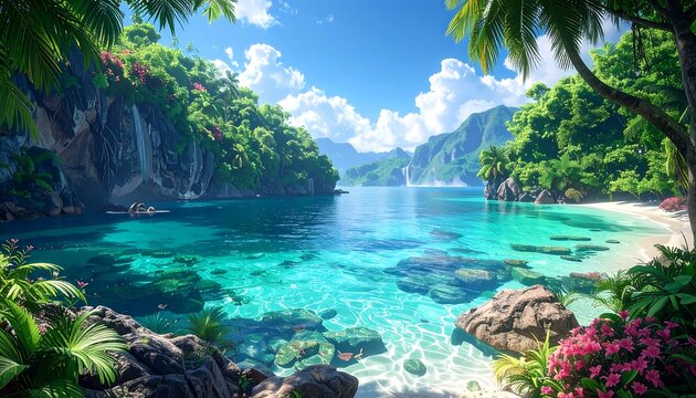 Vivid tropical beach scene with turquoise water, lush foliage, mountains, pink flowers, and palm trees under a blue sky - Powered by Adobe