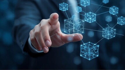 Futuristic digital blockchain network concept with businessman hand touching virtual data cubes, modern technology, innovation, artificial intelligence, and decentralized system visualization.