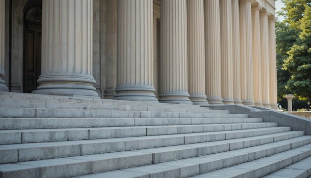 Wide stone staircase leading up to grand classical building with tall columns and bright natural