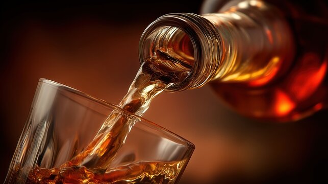 brown glass bottle pouring whisky into a clear crystal glass against amber gradient background