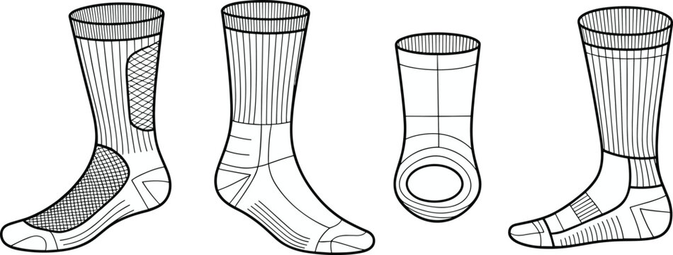 Detailed technical vector illustration of various athletic sock designs showcasing structure, stitching patterns, cushioning zones, fabric texture and performance features