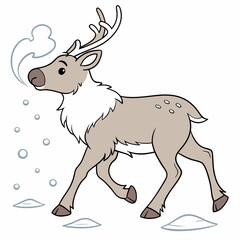 Cute cartoon reindeer with antlers breathing out steam and snowflakes in a winter landscape