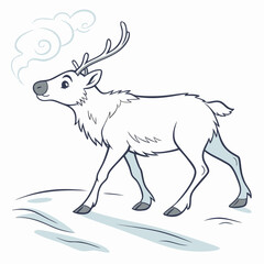 Cute cartoon reindeer with antlers walking in the snow and exhaling steam from its nose