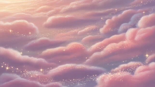 Dreamy pastel clouds shimmer with magical stardust in a serene sky