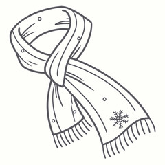 Stylized line art illustration of a knitted winter scarf with snowflake pattern and fringe
