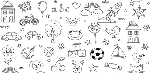Fototapeta premium Whimsical Hand-Drawn Kids' Doodle Pattern A Creative Seamless Background Featuring Playful Everyday Objects and Charming Childhood Illustrations for Textile Design and Fun Projects