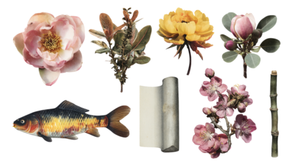 Asian Ink Painting of Flowers and Fish Isolated on Transparent Background