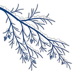 Dark blue ink drawing of a snow covered tree branch with small berries and delicate frost detail