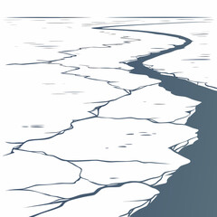 Abstract illustration of a winding dark blue crack on a white icy surface with subtle horizontal lines