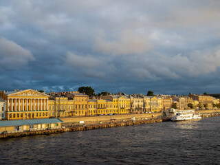 houses, pier on English Quay in St Petersburg city