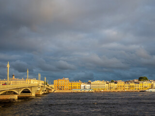 cloudy sky over Neva river and Quay, St Petersburg