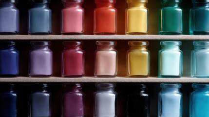 Bright and vibrant ink bottles, organized in a grid, emphasizing a rich spectrum of artistic colors