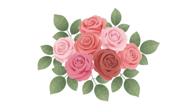 Watercolor roses bouquet arrangement with leaves illustration on white background