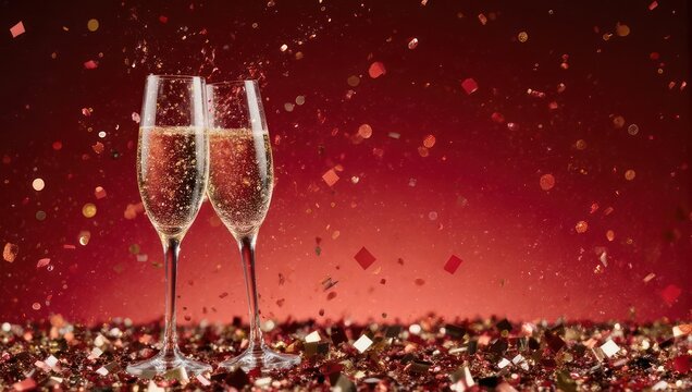 Two elegant champagne flutes with sparkling wine and falling golden glitter on a vibrant red background, celebrating a festive occasion.
