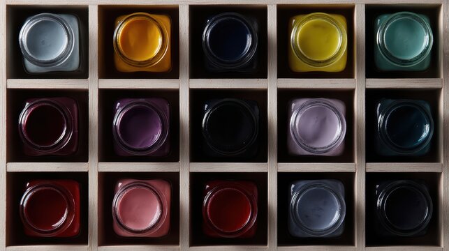 Colorful ink bottles display in neat grid, showcasing vivid and diverse palette for creative art