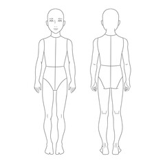 Toddler fashion design template featuring young boy body croquis in front and back views. Clean line art illustration perfect for toddler clothing designers, children's fashion sketching