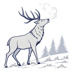 Obraz premium Majestic stag with large antlers exhales steam in a snowy forest landscape illustration