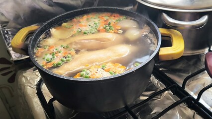 Boiling chicken soup food cuisine cooking cook tasty breakfast cooked lunch time soups fresh